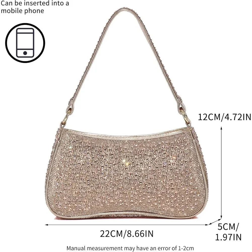 Gold Rhinestone Women's Clutch Purse Evening Bag with Zipper Closure and Adjusta